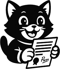 A happy cat holding a signed document.