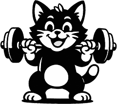 A strong, happy cat doing some sit-downs with a barbell on his shoulders.