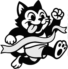 Pleased cat finishing a race by passing through the ribbon.