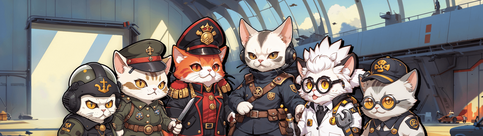 Six military-looking cats from the game "Cat Commanders: Tank Wars"
