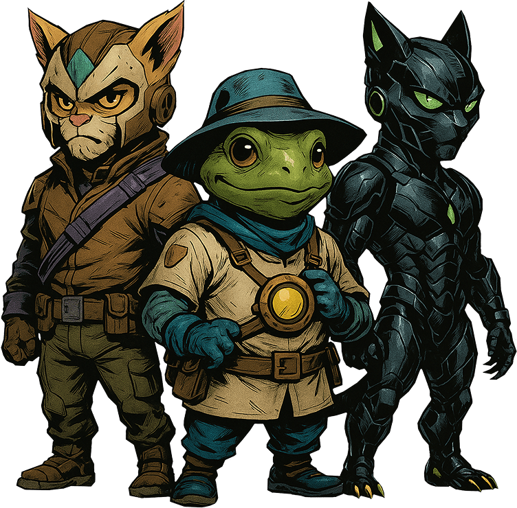 A trio of cool looking characters, two rough-looking cats and a frog explorer.