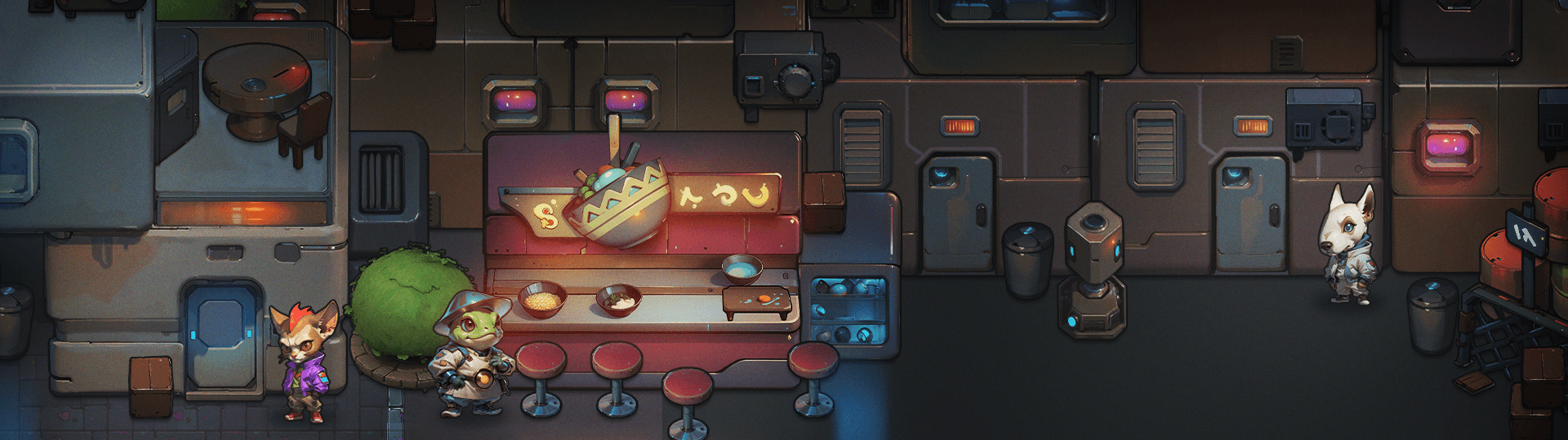A scene from game Cybercats: Word. Cyberpunk-looking warehouse