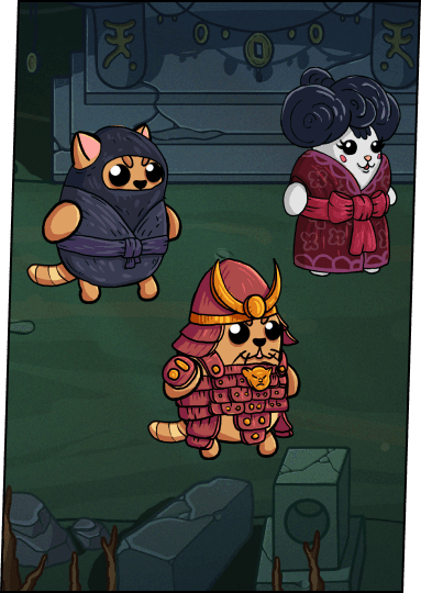 Three oriental-looking cats from wowmeow game "SamuRrr, a geisha, ninja and a samurai