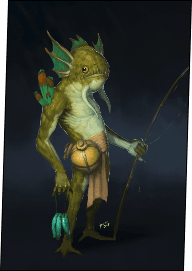 A fish monster with a fishing rod.