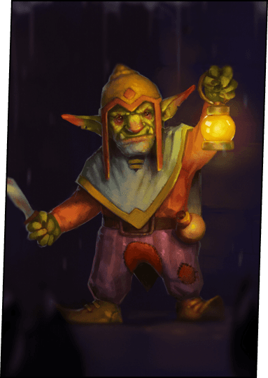 A goblin holding a lantern in his hand, schimitar in the other.