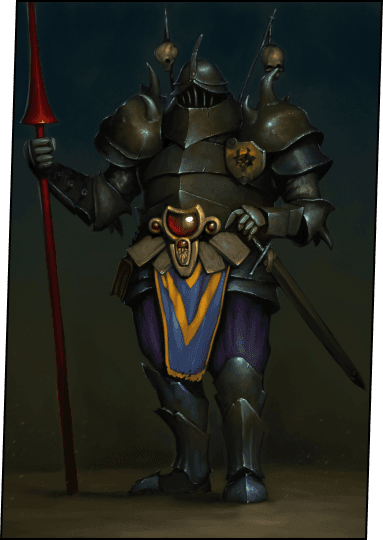 A burly looking soldier in plate armor with a red spear.