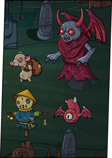 Four creatures, a scarecrow, a one-eyed vampire bat, a horned devil and a rat with a bag over its shoulder.