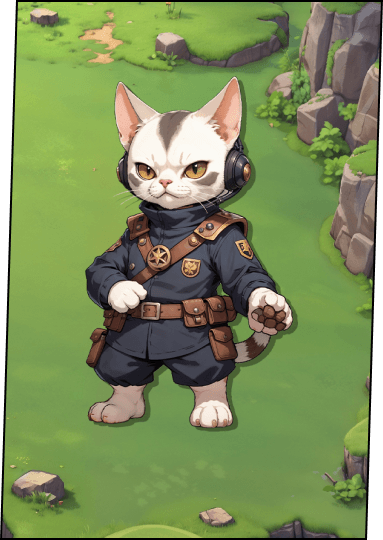 A rough-looking cat, a radio-soldier from a Wow Meow game Cat Commanders, Tank Wars
