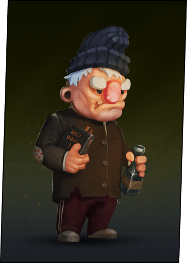 A drunkard with a red nose, bottle of liquor in one hand and the holy bible in another