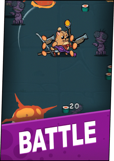 Samurai cat battling monsters, the caption says "Battle"