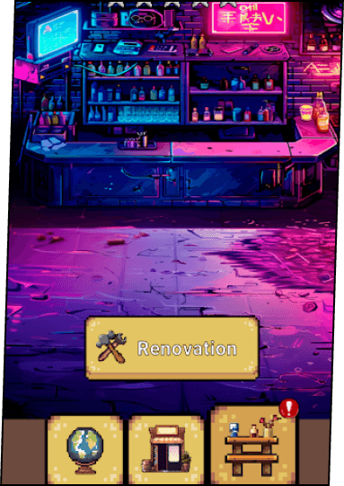 neon-colored bar, renovation screen of the game