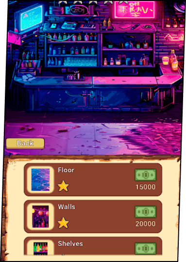 neon-colored bar, buttons show selection: "Floor, Walls, Shelves"