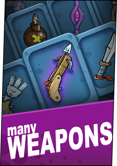 Cards of weapons, captions: "many Weapons!"