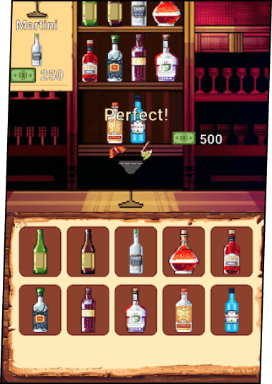A bar with selection of beverages, mixing a drink resulted in "Perfect!" scoring.
