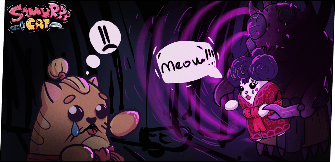 A cat-damsel in distress, captured by an evil entity pleading cat samurai for help: "Meow!"