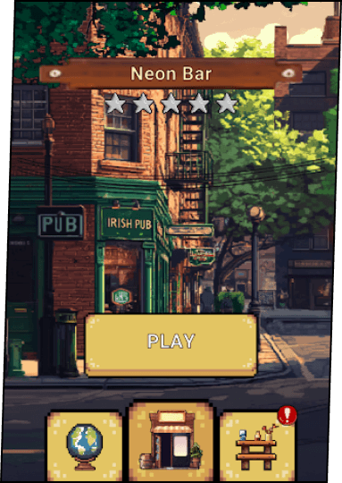 A pixel-art of the street from the game, it shows an irish bug "Neon bar" with 5-star ranking and a "Play" button at the bottom.