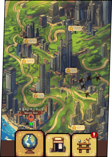 Birds-eye view of the game map, a selection of different bars you can interact with.