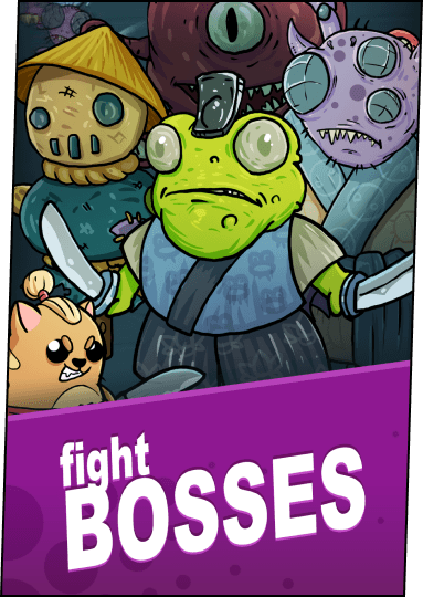 Enemy characters from the game Samurai Cat, the caption reads: "Fight Bosses!"