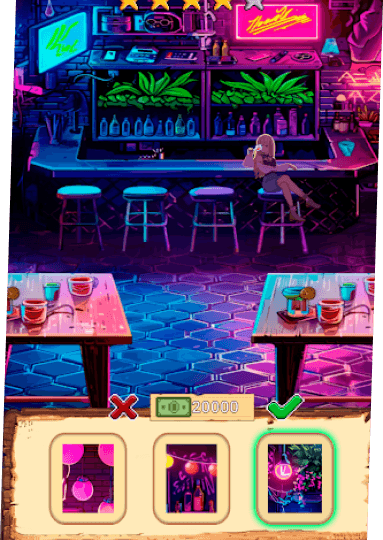Bright-neon bar with a female at enjoying her drink, buttons indicate the ability to stylize the look of the bar.