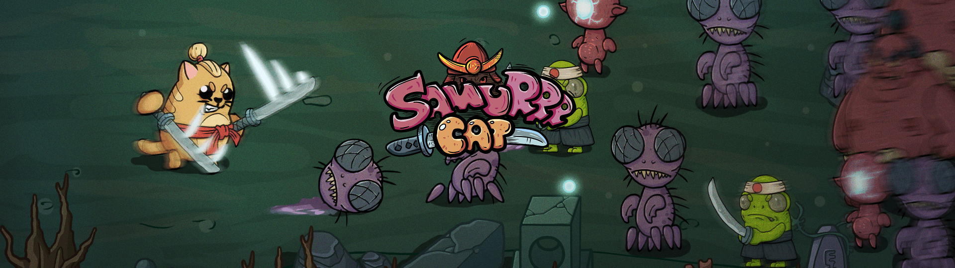 An image of a samurai cat, wielding two catanas and fighting monsters. SamuRRR cat logo in the center of the image.