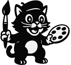 A happy cat with a paintbrush, ready to create!