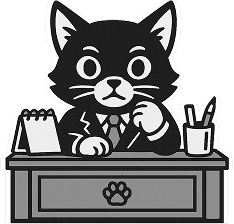 A serious looking cat in a suit, sitting at the desk.