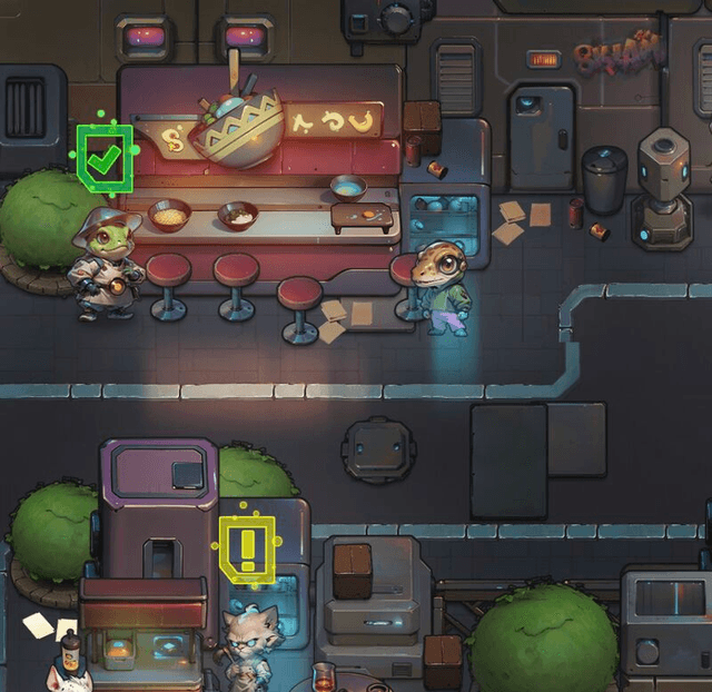 A cyberpunk-looking scene. A diner with a cute-looking frog as the host and a lizard for a customer.