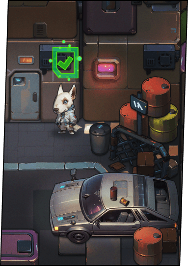 neon looking cyberpunk-styled 2d warehouse