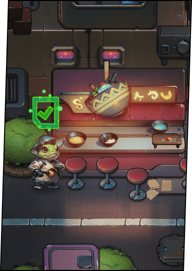 cyberpunk-styled diner with neon lights and a frog hostess