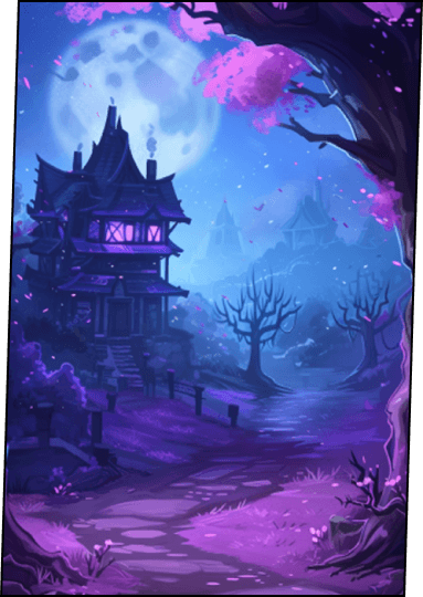 a mysterious house standing next to a tall tree, purple colors dominate the scene