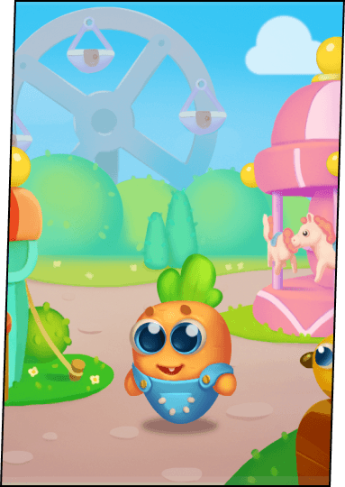 a cute cattor-kid with huge eyes in an amusement part