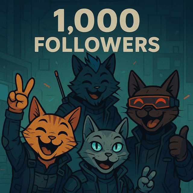 A group of cats smiling at you, caption behind them says "1000 followers!"