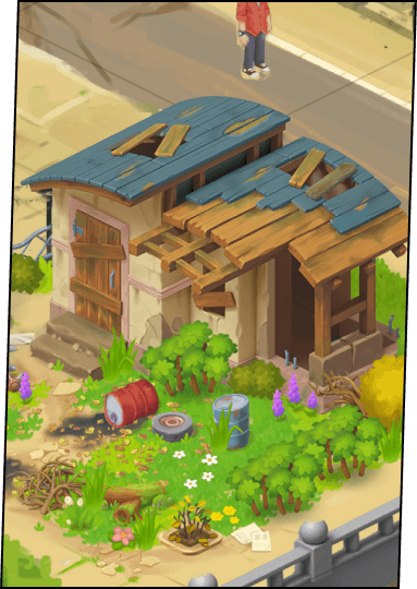 cartoonish run-down house with patched roof and trash outside