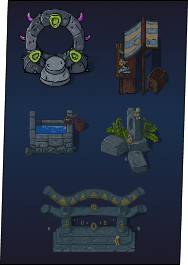 different assets made of stone, portals, wells, shrines