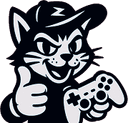 A smiling cat holding a controller, giving the thumbs up.