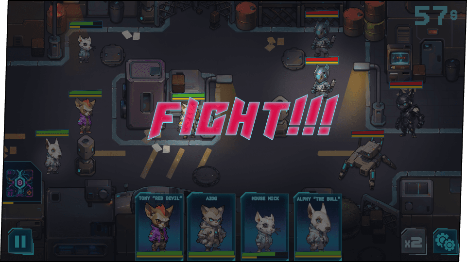 fight screen of the game, four allies vs four enemy characters. The "Fight" caption in the middle of the screen.