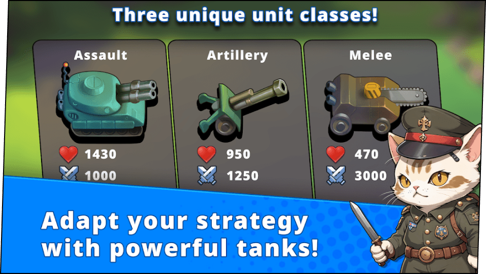 Cat commander shows the slice with tanks and their stats, caption says "Three unique unit classes! Adapt your strategy with powerful tanks!