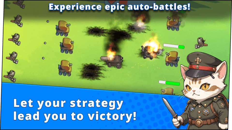 Battlefield from the game "cat commanders" Caption says "Experience epic auto-battles! Let your strategy lead you to victory!"