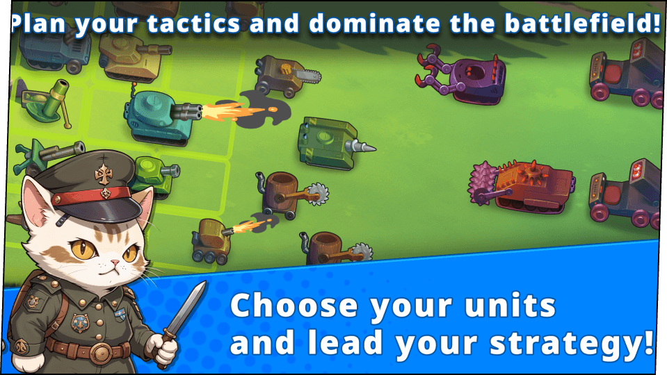 Veteran cat shows you a battlefield slide, caption: "Plan your tactics and dominate the battlefield!