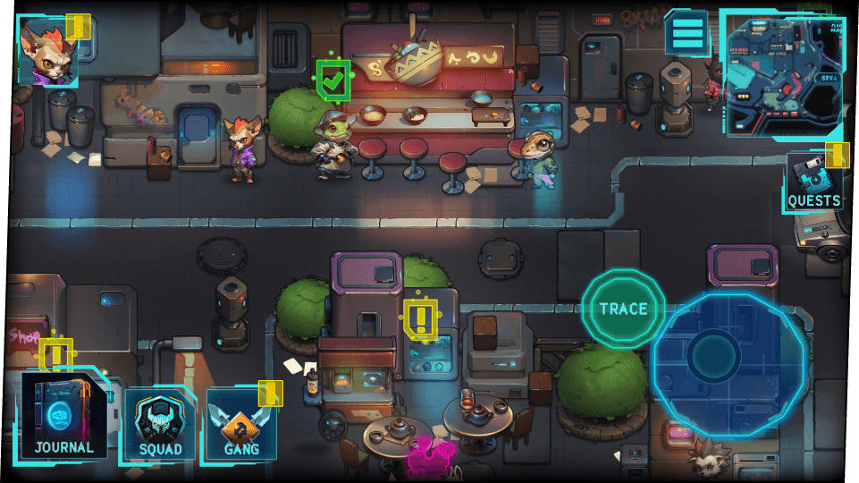 game screen, a cyberpunk-looking warehouse with a diner, an oriental-looking frog seems to be the host. in-game UI is visible.