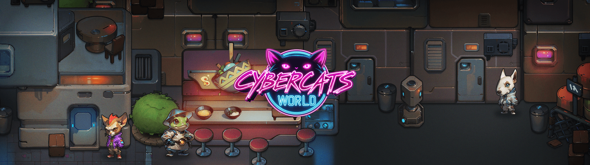 A scene from game Cybercats: Word. Cyberpunk-looking warehouse